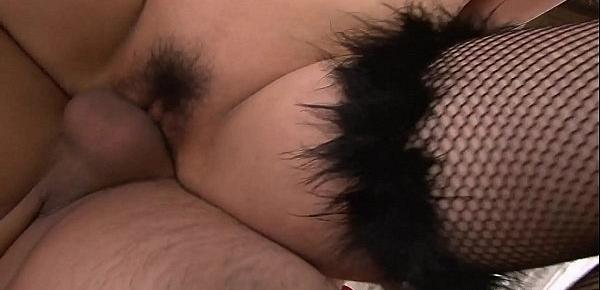  Stockinged Japanese pet girl gets roughly nailed on the bed